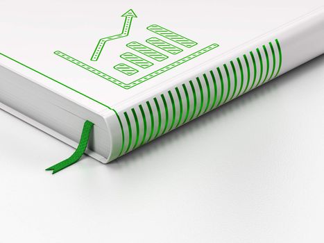 Business concept: closed book with Green Growth Graph icon on floor, white background, 3d render