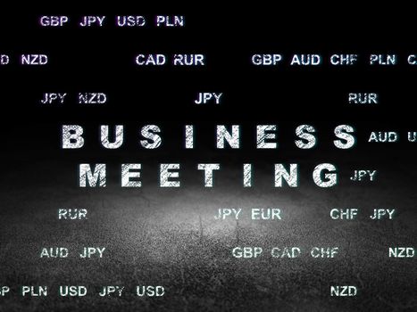 Business concept: Glowing text Business Meeting in grunge dark room with Dirty Floor, black background with Currency