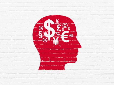 Finance concept: Painted red Head With Finance Symbol icon on White Brick wall background