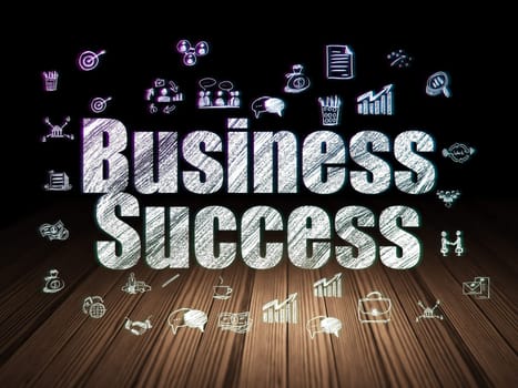 Business concept: Glowing text Business Success,  Hand Drawn Business Icons in grunge dark room with Wooden Floor, black background