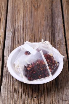Fruit tea in nylon tea bags - closeup