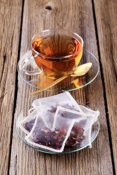 Cup of tea and nylon tea bags 