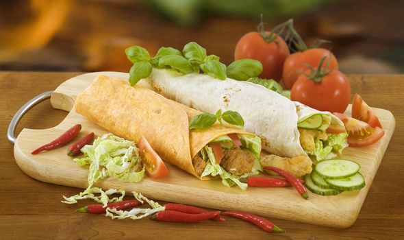 Two chicken and vegetable tortilla wraps 