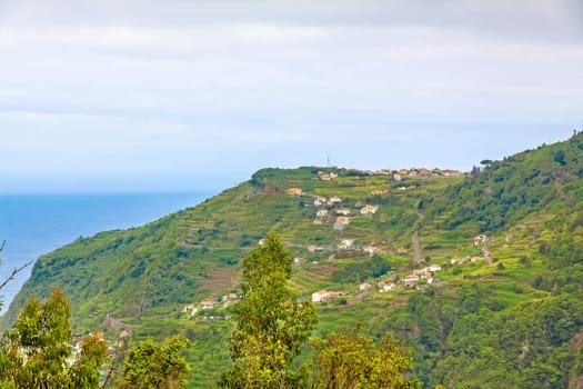View from the hiking trail Levada do Central da Ribeira da Janela to the Atlantic Ocean, north coast of Madeira