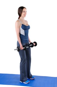Young woman fitness instructor shows starting position of standing dumbbell dumbbell biceps curl, isolated on white