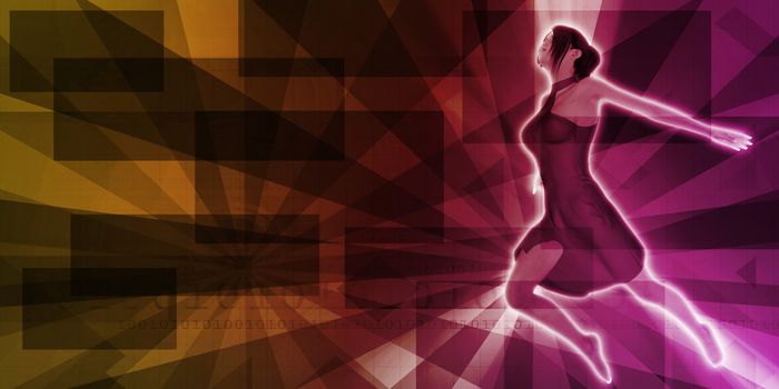 Colorful 3D Female Model Gliding on Abstract Background