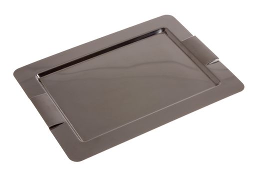 Empty rectangular stainless steel tray with integral handles for serving food and beverages viewed high angle on a white background