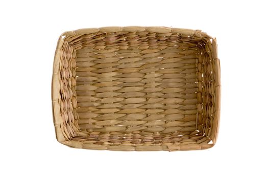 Plain simple rustic wicker tray with no handles and a shallow rim viewed from above showing the weave texture, isolated on white