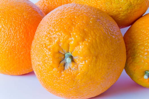 Photo of appetizing ripe oranges on white background