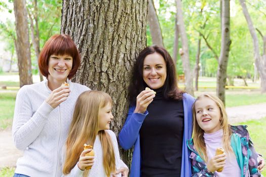 Photo of group laugh people are eating in summer