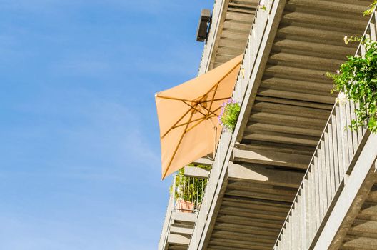 Modern housing terrace with a nice outdoor lifestyle, view from below.