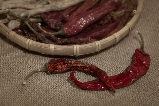 Dried red hot peppers with horseradish.