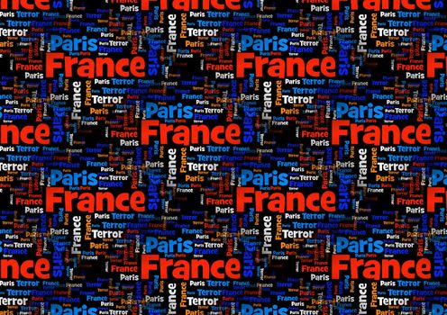 Wordcloud with the words Paris France Terror on black background.