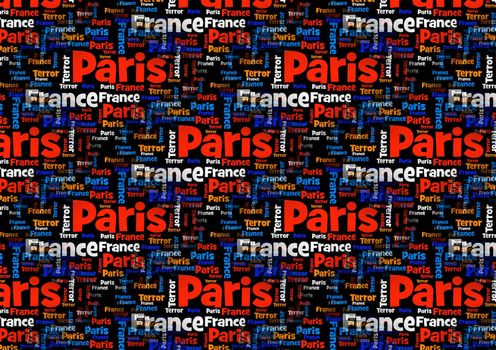 Wordcloud with the words Paris France Terror on black background.