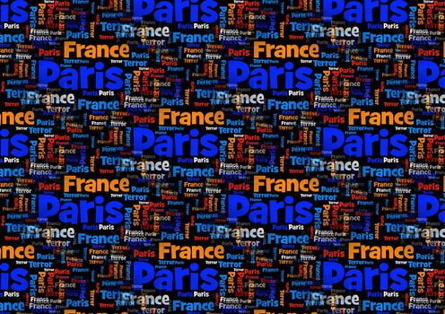 Wordcloud with the words Paris France Terror on black background.