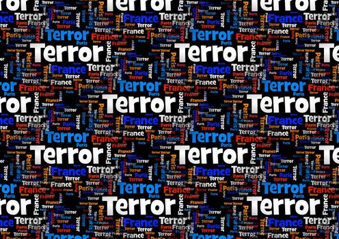 Wordcloud with the words Paris France Terror on black background.