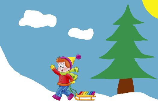 The picture shows a boy with a sled ride goes up the hill