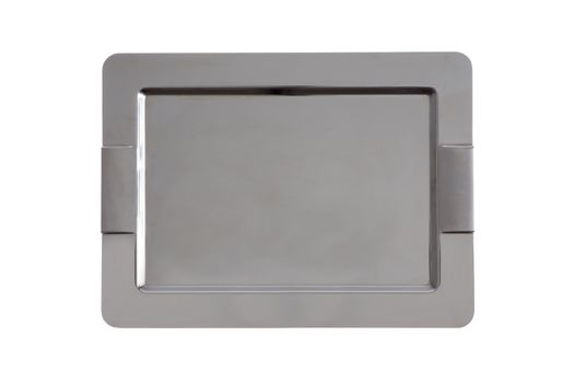 Stylish stainless steel tray with rounded chamfered corners and integrated handles for use in catering to serve food and beverages, overhead view isolated on white