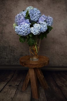 Hydrangea flowers from the garden cut and arranged in a glass vase and sitting on a rustic timber stool table.   Home decor, springtime, floral arrangement