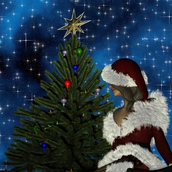 Beautiful young woman in Santa Claus clothes over Christmas background with tree and stars