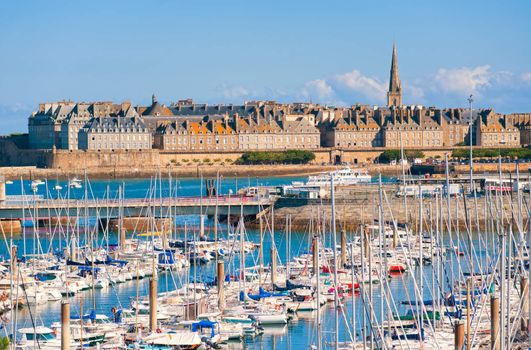 Yacht harbour and walled city of St Malo, Brittany, France