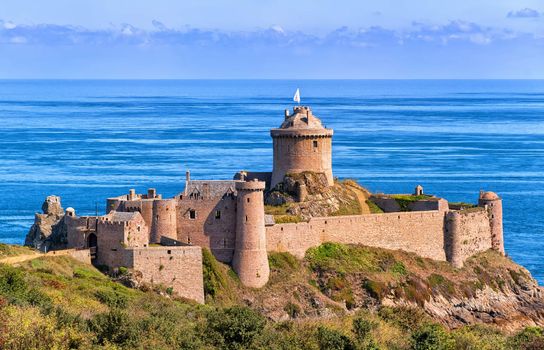 Fort La Latte castle, overlooking atlantic ocean on Cote de Granite Rose, Brittany, France