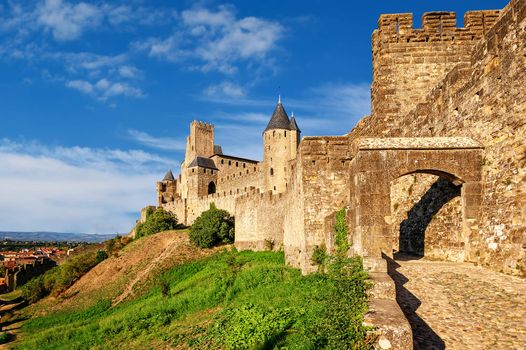The walled medieval fortress Cite de Carcassonne, Languedoc, France, is on UNESCO World Heritage Sites list