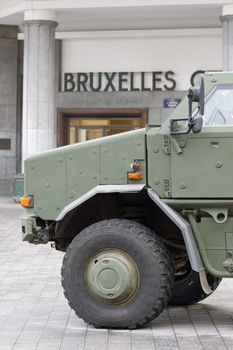 BELGIUM, Brussels: A Belgian military vehicle is seen in central Brussels, on November 22, 2015, after level four was set for Brussels based on a serious and imminent terror attacks threat. The city's subway system was closed and heavily armed police and soldiers patrolled the streets just over a week after more than 130 were killed in gun and bomb attacks in Paris. Many of the Paris attackers lived in Belgium, including one who is still at large.