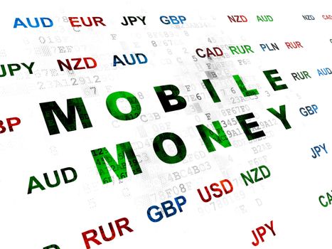 Money concept: Pixelated green text Mobile Money on Digital wall background with Currency