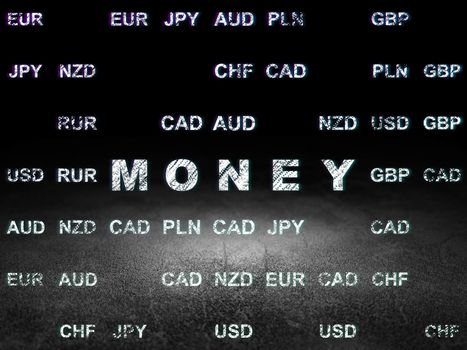 Money concept: Glowing text Money in grunge dark room with Dirty Floor, black background with Currency