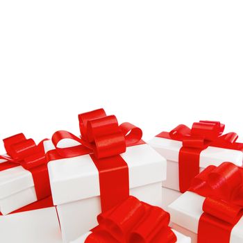 White gift boxes with red ribbon bows isolated on white background close-up