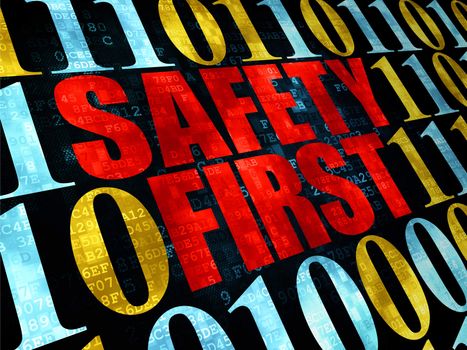 Safety concept: Pixelated red text Safety First on Digital wall background with Binary Code