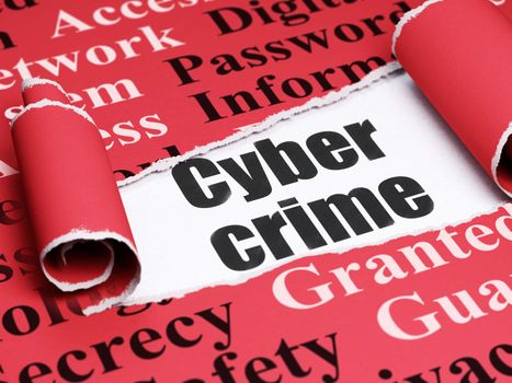 Safety concept: black text Cyber Crime under the curled piece of Red torn paper with  Tag Cloud