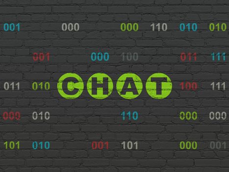 Web development concept: Painted green text Chat on Black Brick wall background with Binary Code