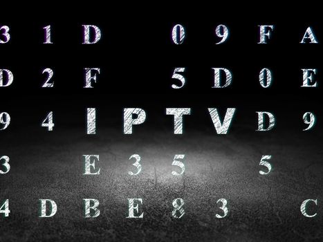 Web development concept: Glowing text IPTV in grunge dark room with Dirty Floor, black background with Hexadecimal Code