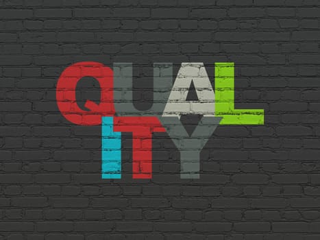 Marketing concept: Painted multicolor text Quality on Black Brick wall background