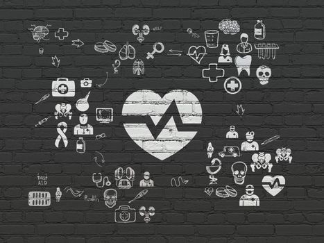 Healthcare concept: Painted white Heart icon on Black Brick wall background with Scheme Of Hand Drawn Medicine Icons
