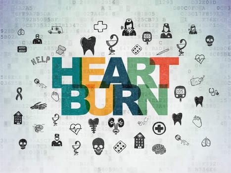 Healthcare concept: Painted multicolor text Heartburn on Digital Paper background with  Hand Drawn Medicine Icons
