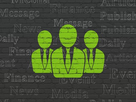 News concept: Painted green Business People icon on Black Brick wall background with  Tag Cloud