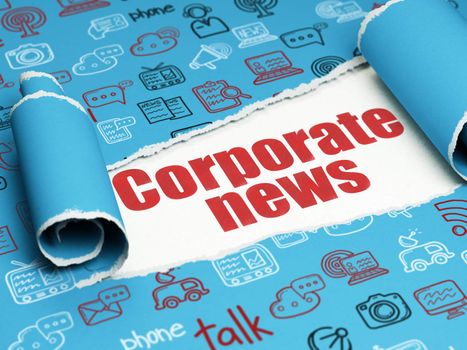 News concept: red text Corporate News under the curled piece of Blue torn paper with  Hand Drawn News Icons