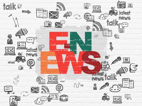 News concept: Painted multicolor text E-news on White Brick wall background with Scheme Of Hand Drawn News Icons