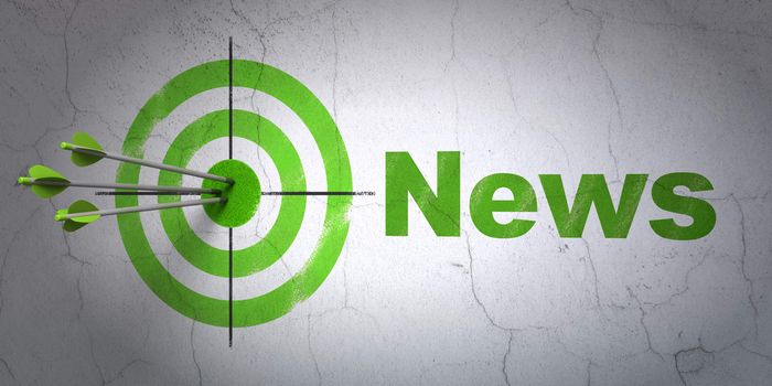 Success news concept: arrows hitting the center of target, Green News on wall background