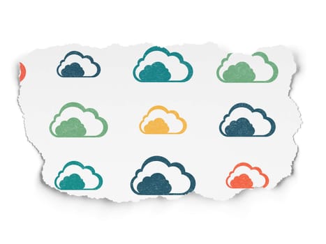 Cloud networking concept: Painted multicolor Cloud icons on Torn Paper background