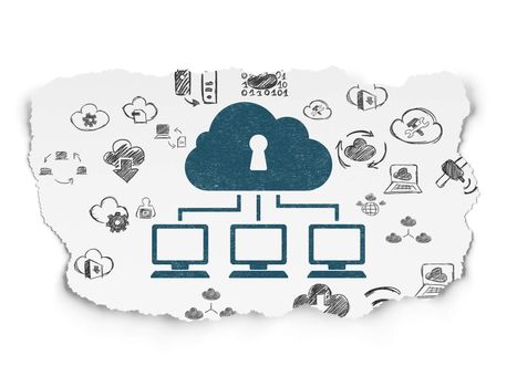 Cloud networking concept: Painted blue Cloud Network icon on Torn Paper background with  Hand Drawn Cloud Technology Icons