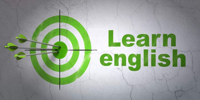 Success Learning concept: arrows hitting the center of target, Green Learn English on wall background