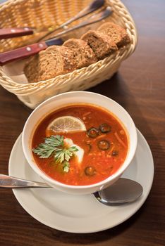 Traditional russian soljanka or saltwort soup