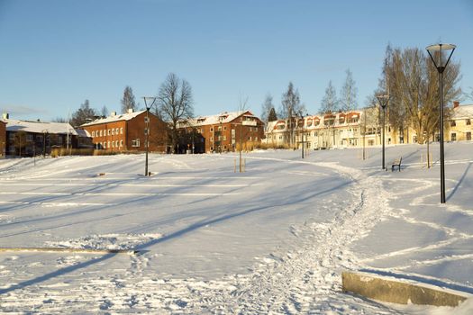 Downtown Umeå, Sweden in Early Winter with a clear blue sky.