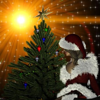 Beautiful young woman in Santa Claus clothes over Christmas background with tree and stars