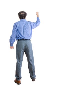 Full Length Shot of an Angry Businessman Raising Fist While Facing Backward, Isolated on a White Background.