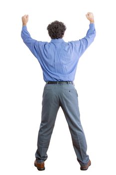 Full length Rear View Shot of a Middle-Aged Businessman Raising his Two Fists Up High Against White Background.